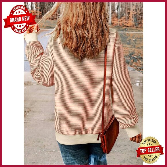 Women's Striped Crewneck Sweatshirt Long Sleeve Pullover Cotton Blend Loose Fit - Picture 3 of 8